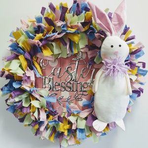 HANDCRAFTED DECOR EASTER BLESSINGS WHITE BUNNY PASTEL FABRIC RAG WREATH 18"